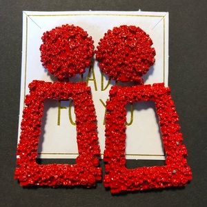 Red Rectangle Textured Drop Earrings